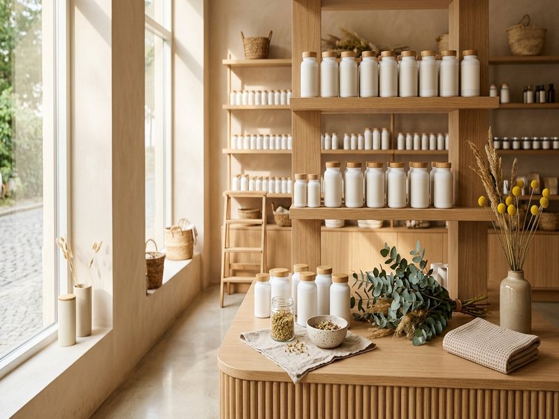 Lyst apotek med hylder af neutrale tilskudsprodukter