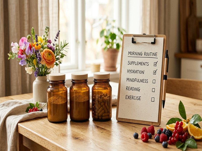 Kollagenprodukter stillet op med tjekliste og kuglepen