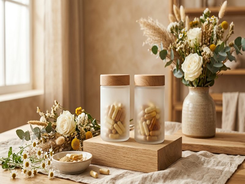 To neutrale kollagenkrukker med kapsler stillet op med blomster