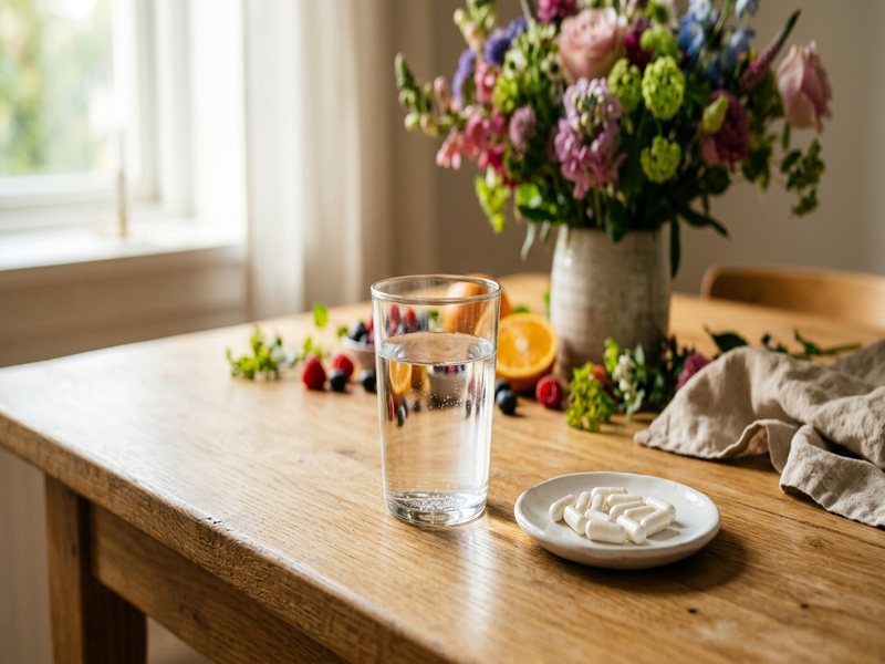 Glas vand og hvide kapsler på et lille fad i varmt lys