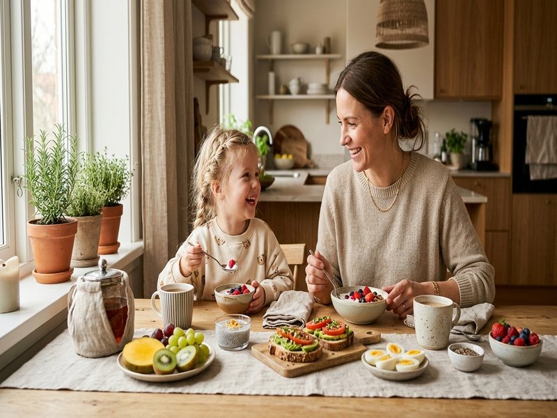 Forælder og barn spiser sund morgenmad sammen ved køkkenbord