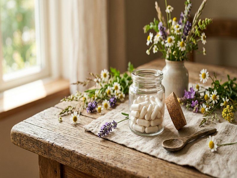Hvide kapsler i lille glaskrukke på rustikt træ med engblomster