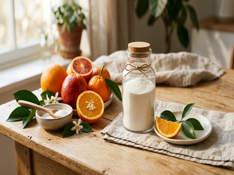 Friske appelsiner og citrusfrugter ved siden af kollagenpulver