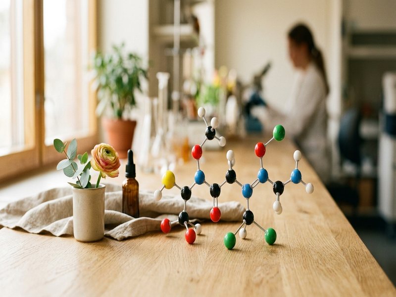 Farverig molekylemodel på laboratoriebænk