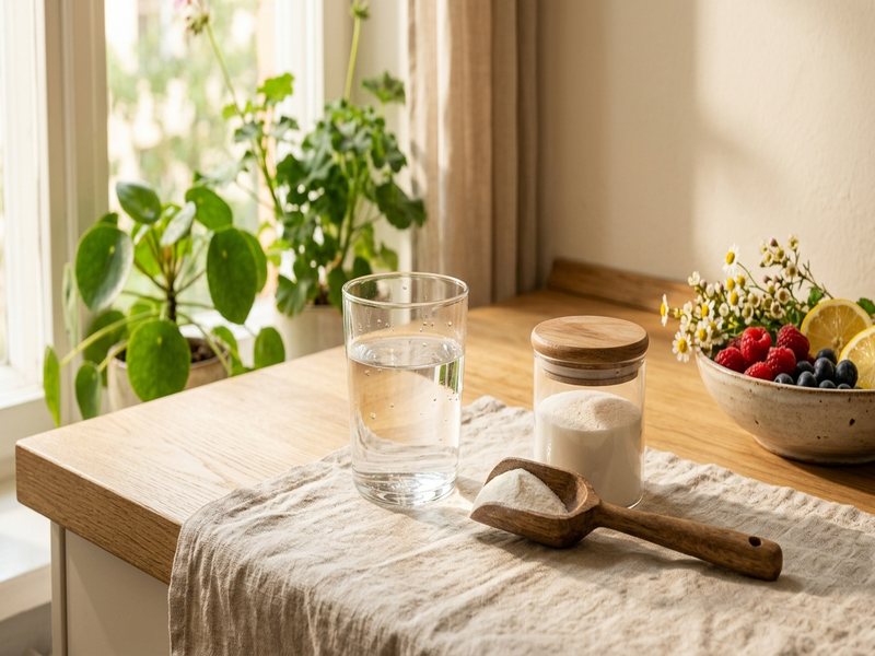 Morgenrutine med glas vand og doseringsske med kollagenpulver