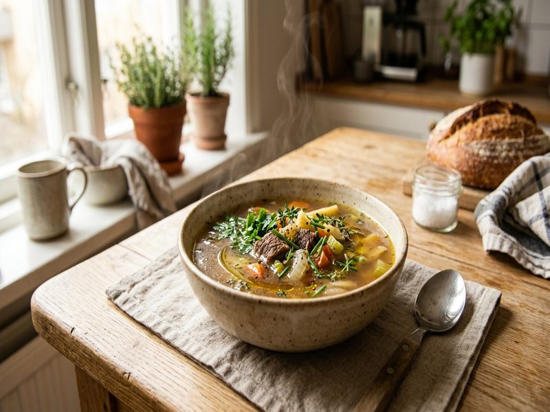 Dampende skål benbouillon med grøntsager og friske urter