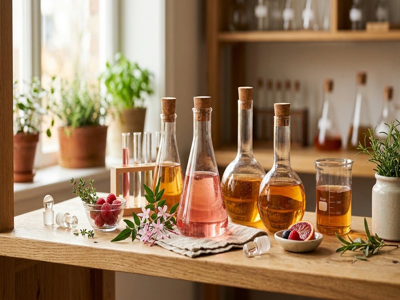 Laboratorieglas med farvede væsker i varmt lys