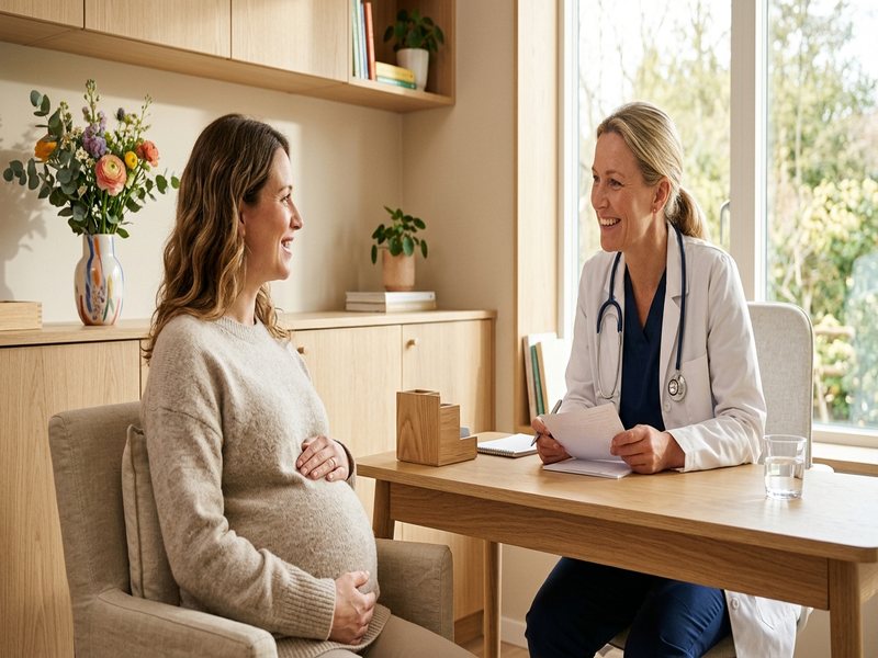 Gravid kvinde i tryg samtale med kvindelig læge på lyst klinik