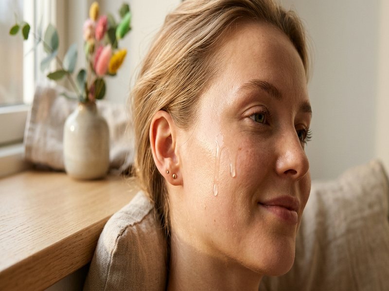 Nærbillede af kvindes glødende kind med dråbe serum i gyldent lys