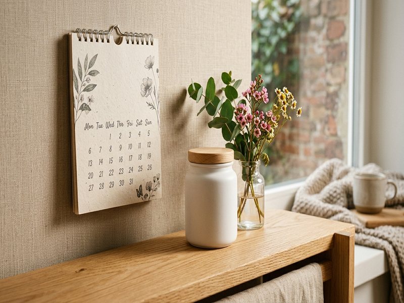 Kalender og neutral kollagenkrukke på træhylde i morgenlys