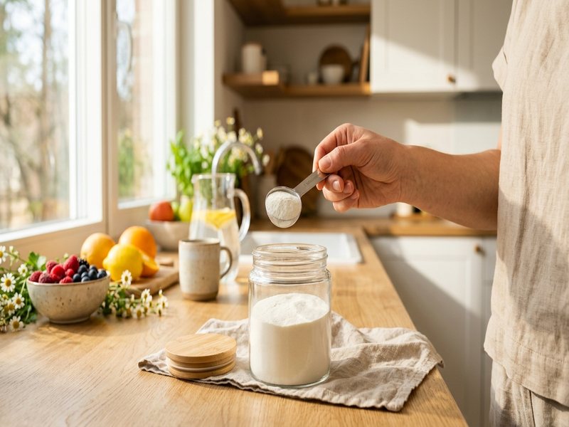 Hånd holder måleske med kollagenpulver over en glaskrukke