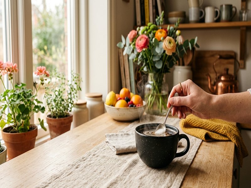Kop sort kaffe med ske, der rører kollagenpulver ud, damp stiger op