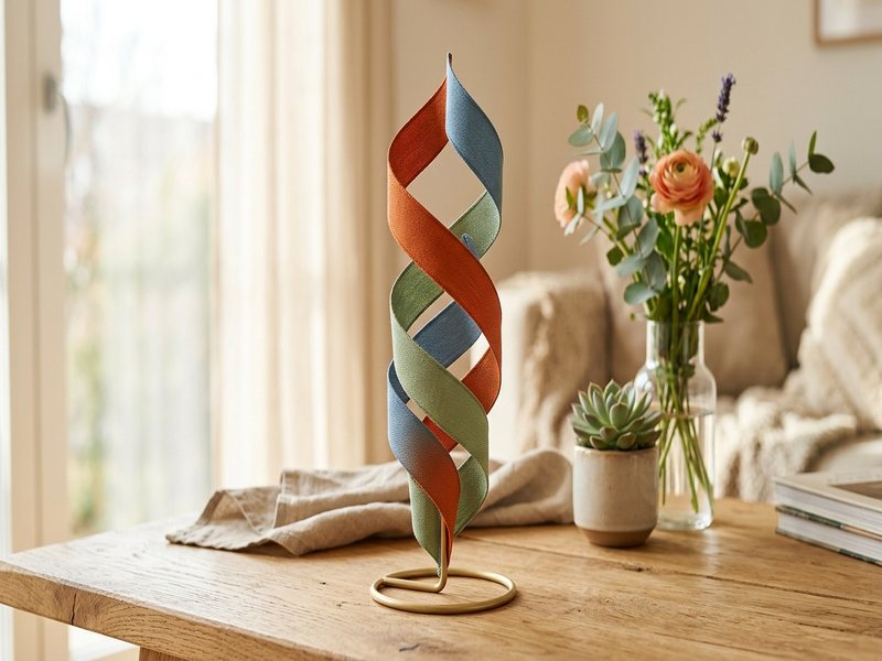 Tre sammenflettede farvede bånd danner en trippelhelix