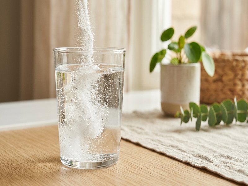 Makrobillede af fint kollagenpulver, der opløses i et glas vand