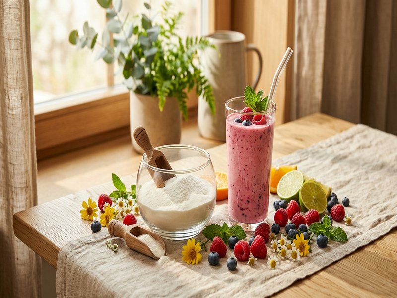 Glasskål med kollagenpulver, træske og frisk bærsmoothie