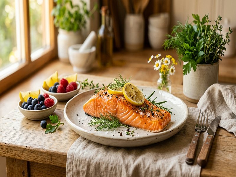 Frisk laksefilet med urter og citron på lys tallerken