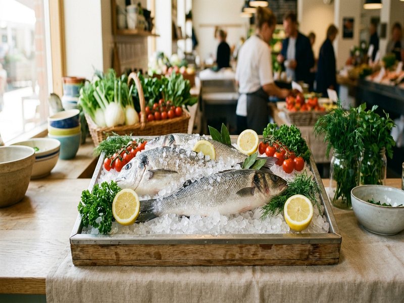 Frisk fisk på is med citron og urter ved fiskedisk