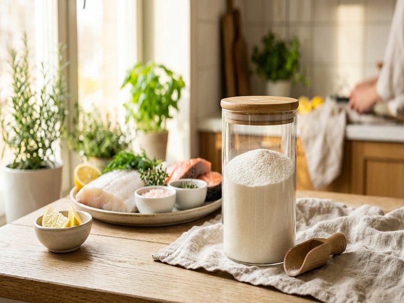 Glaskrukke med marine kollagenpulver og fisk i baggrunden
