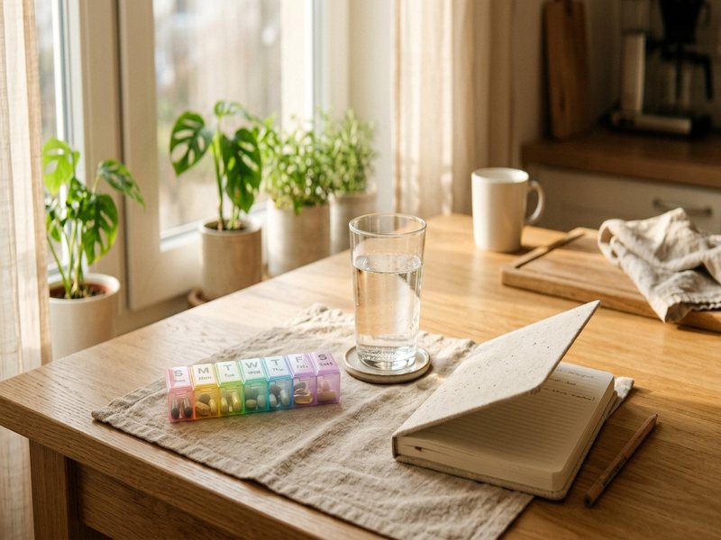 Ugepilleæske, glas vand og notesbog på køkkenbord i morgenlys