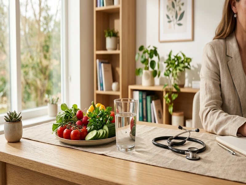 Glas vand, friske grøntsager og stetoskop på lægeskrivebord