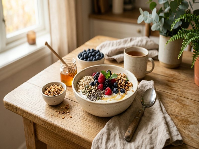 Tarmvenlig morgenmadsskål med yoghurt, bær, havre og frø