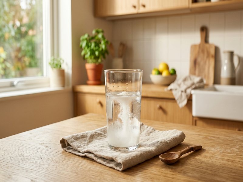Klart glas vand med kollagenpulver, der opløses, i lyst køkken